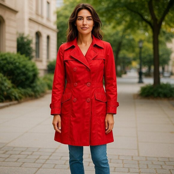 VTG Aquanala Medium?? Long Sleeve Button Up Red Double Breasted Trench Coat M - Picture 1 of 16